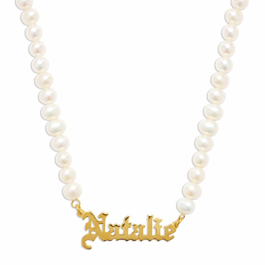 Shop The M Jewelers Nameplate Necklaces | The Old English Pearl Nameplate Necklace