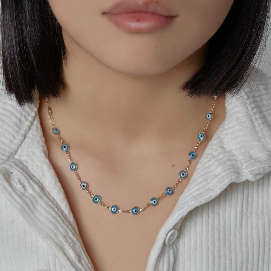 Shop The M Jewelers | The Light Blue Evil Eye Bezel Link Necklace